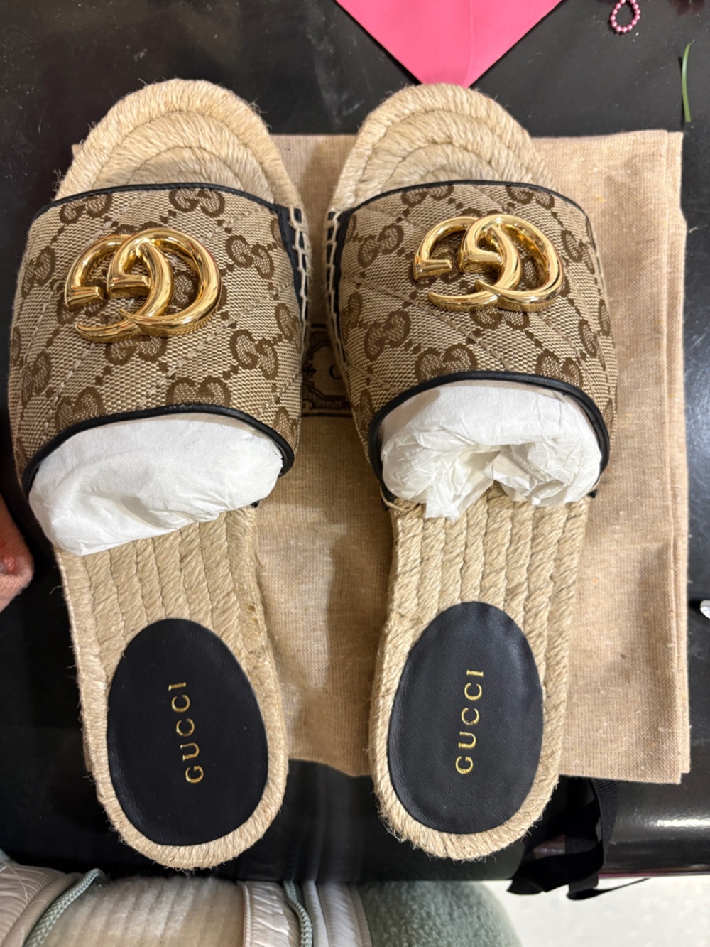 New Gucci GG Canvas Espadrille Slide Mules with Gold Double G - Picture 2 of 3